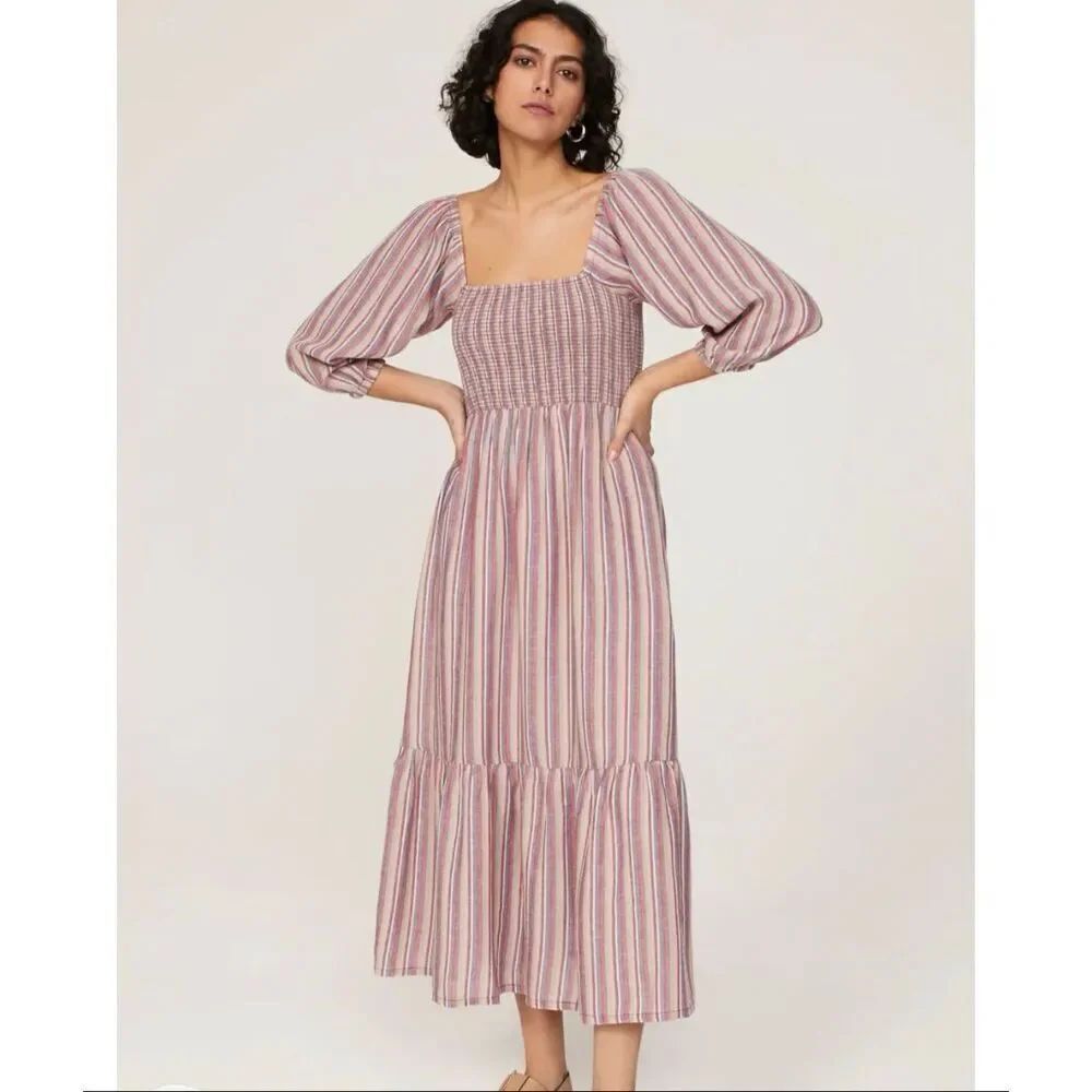 Marine Layer linen blend Ivy Smocked Striped Maxi Dress multicolor size XS